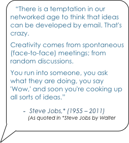 “There is a temptation in our networked age to think that ideas can be developed by email. That's crazy.
Creativity comes from spontaneous (face-to-face) meetings; from random discussions.
You run into someone, you ask what they are doing, you say 'Wow,' and soon you're cooking up all sorts of ideas.”
 
 Steve Jobs,* (1955 – 2011) (As quoted in *Steve Jobs by Walter Isaacson)