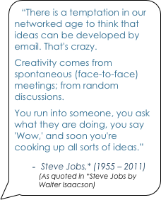 “There is a temptation in our networked age to think that ideas can be developed by email. That's crazy.
Creativity comes from spontaneous (face-to-face) meetings; from random discussions.
You run into someone, you ask what they are doing, you say 'Wow,' and soon you're cooking up all sorts of ideas.”
 
 Steve Jobs,* (1955 – 2011) (As quoted in *Steve Jobs by Walter Isaacson)